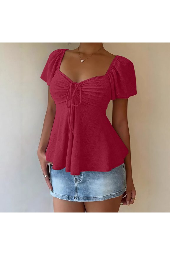 Women's Short Puff-Sleeve Ruched Neckline Peplum Blouse with Front Drawstring - Polyester