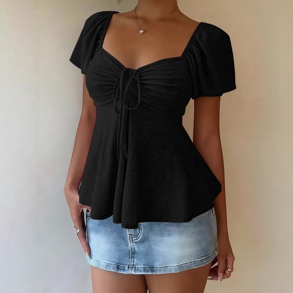 Dpjklzsn Women's Short Puff-Sleeve Ruched Neckline Peplum Blouse with Front Drawstring - Polyester