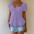 thumbnail image 1 of Dpjklzsn Women's Short Puff-Sleeve Ruched Neckline Peplum Blouse with Front Drawstring - Polyester, 1 of 9