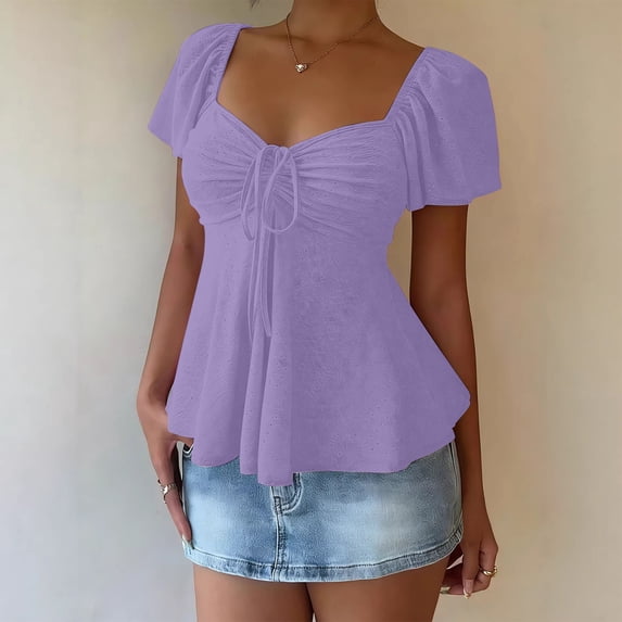 Dpjklzsn Women's Short Puff-Sleeve Ruched Neckline Peplum Blouse with Front Drawstring - Polyester