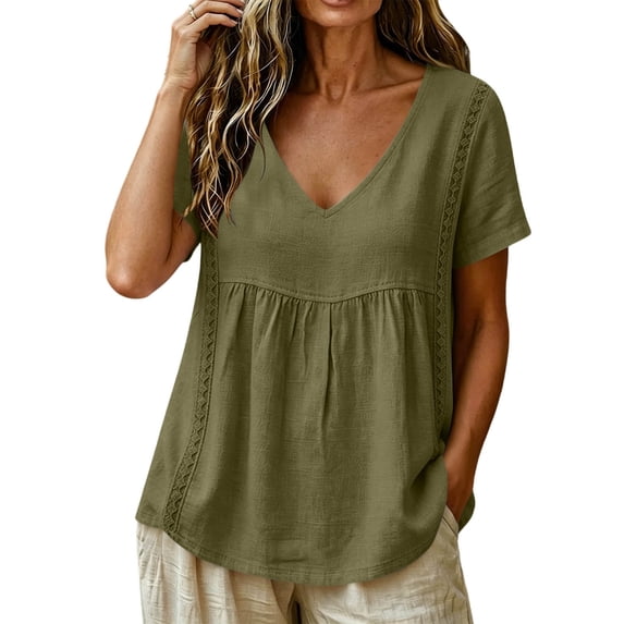 Dpjklzsn Women's Short-Sleeve V-Neck Babydoll Blouse, Cotton Blend, Empire Seam