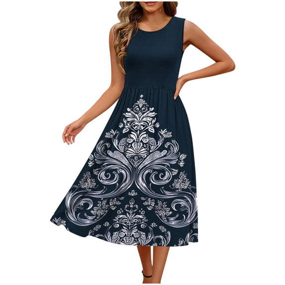 Dpjklzsn Women's Sleeveless Printed A-Line Dress, Round Neck Knee Length Summer Sundress with Pockets