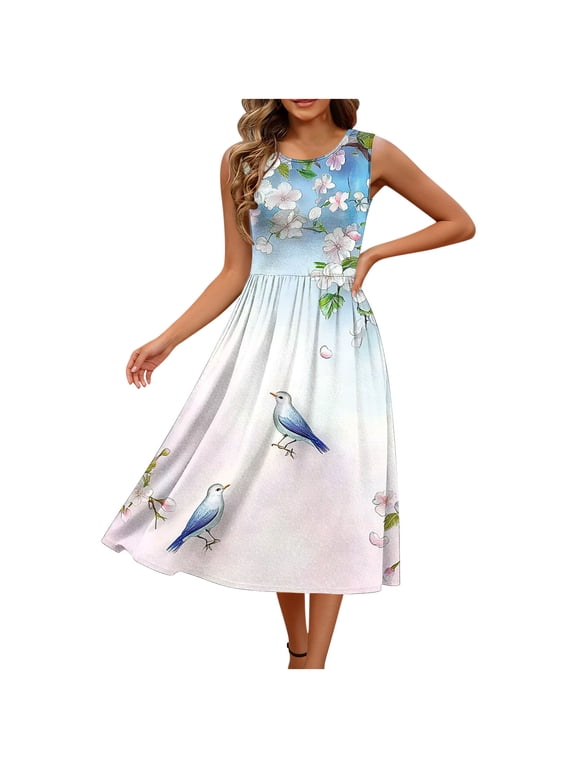Women's Sleeveless Printed A-Line Dress, Round Neck Knee Length Summer Sundress with Pockets