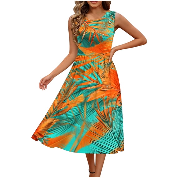 Dpjklzsn Women's Sleeveless Printed A-Line Dress, Round Neck Knee Length Summer Sundress with Pockets