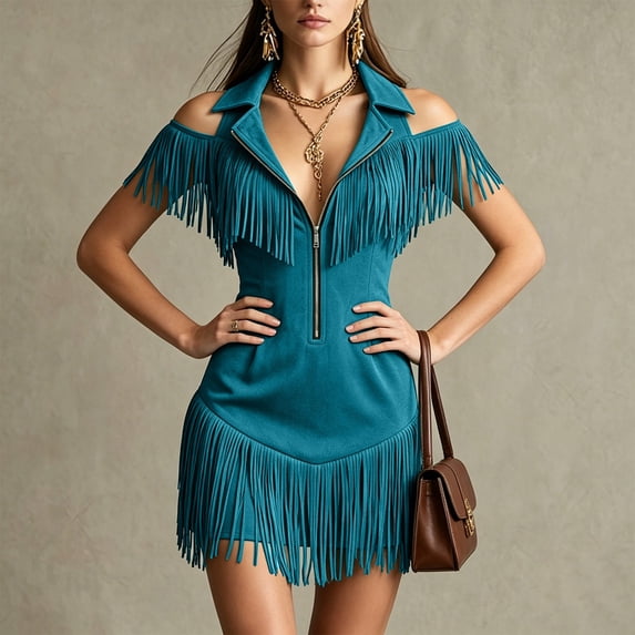 Dpjklzsn Women's Suede Western Fringe Mini Dress, Off Shoulder Lapel Collar Zip Front Fitted Party Dress