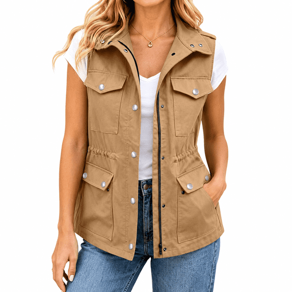 Dpjklzsn Women's Utility Vest with Drawstring Waist, Multi Pocket Sleeveless Cargo Jacket for Casual Layering