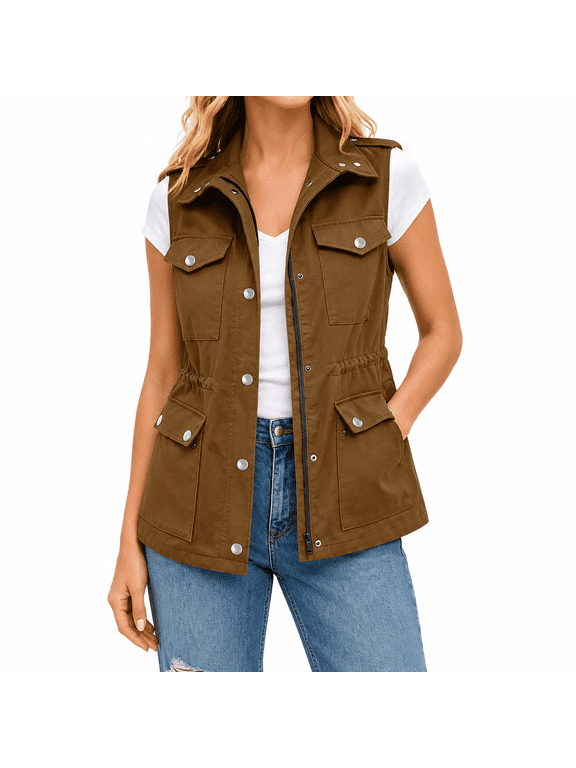 Women's Utility Vest with Drawstring Waist, Multi Pocket Sleeveless Cargo Jacket for Casual Layering