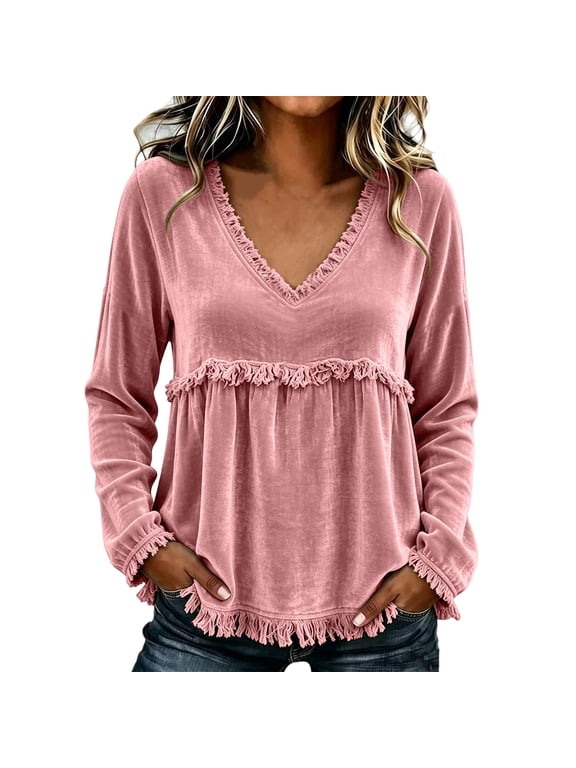Women's Velour Fringe V Neck Top, Long Sleeve Relaxed Boho Pullover Shirt for Casual Fall Winter Everyday Wear
