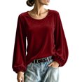thumbnail image 1 of Dpjklzsn Women's Velour Scoop Neck Blouse with Gathered Long Sleeves and Relaxed Fit, 1 of 9
