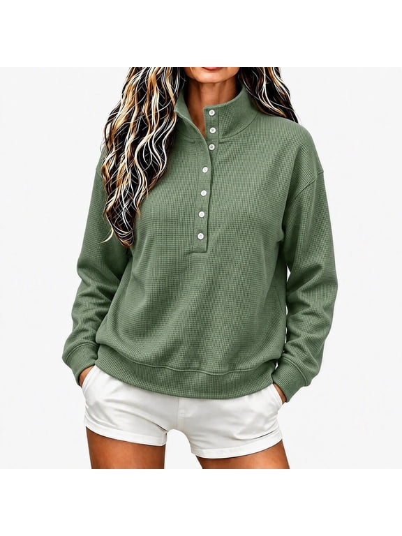 Women's Waffle Knit Stand Collar Henley Top, Long Sleeve Half Button Casual Pullover