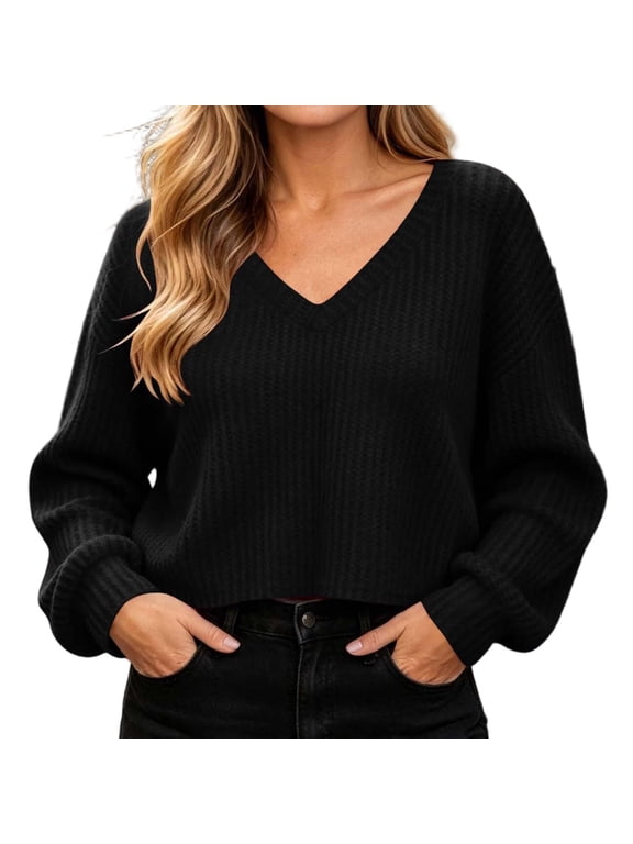 Women's Waffle Knit V Neck Cropped Top, Long Sleeve Relaxed Fit Casual Pullover Shirt for Fall