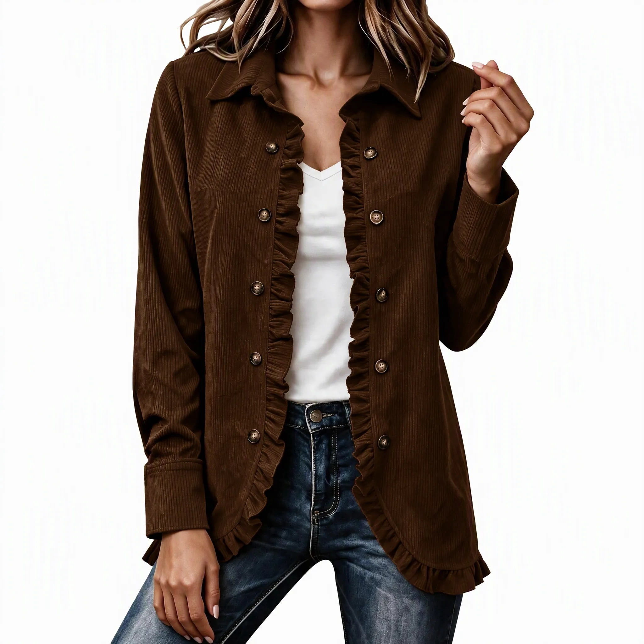 Dpjklzsn Womens Corduroy Jacket Ruffle Trim Double Breasted Button Down ...