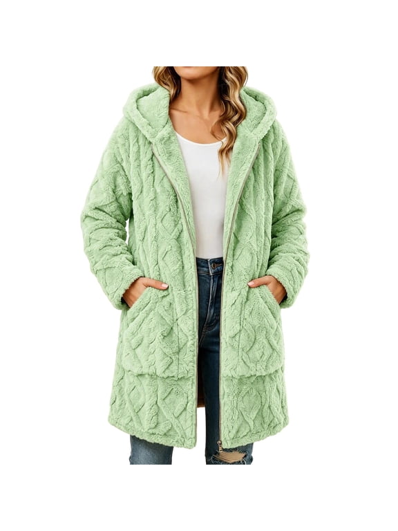 Womens Hooded Sherpa Fleece Jacket Cable Textured Zip Up Longline Coat with Patch Pockets