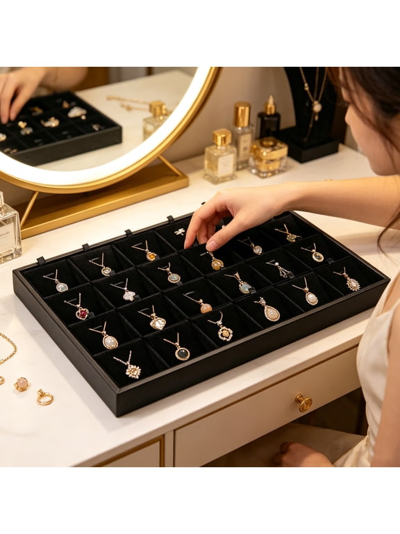 24-Grid Black Velvet Jewelry Pendant Tray, Stackable Necklace Display Organizer for Drawers & Display Cases