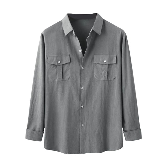 Dpytoraw Autumn And Winter Men's Cotton And Linen Solid Color Double Pocket Design Long Sleeve Shirt