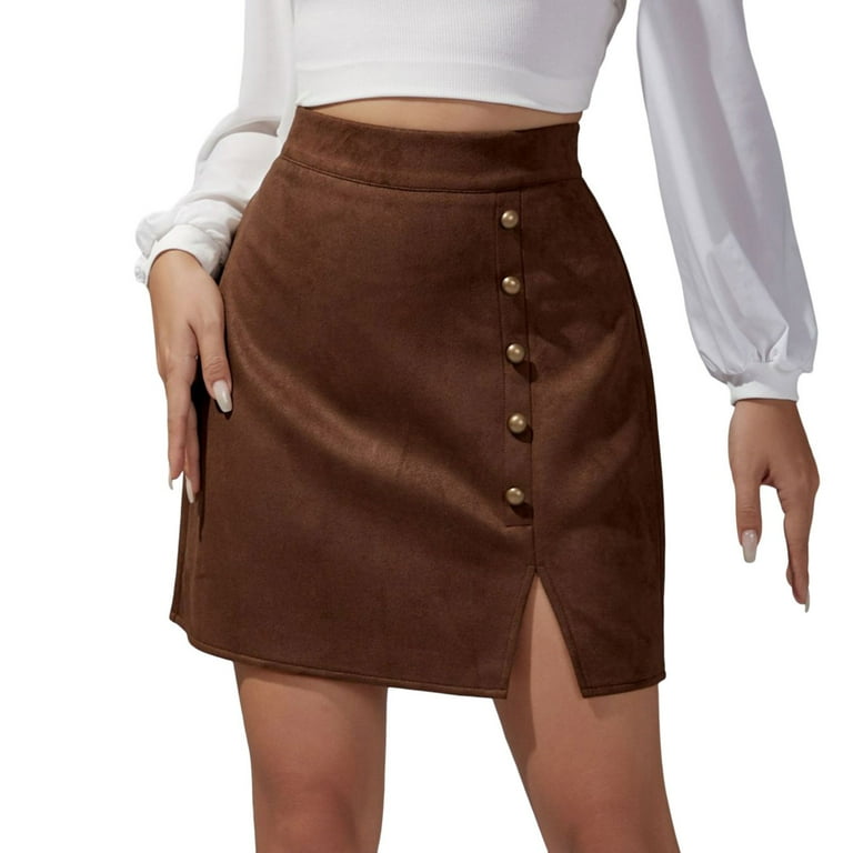 Dpytoraw Autumn And Winter Women s Solid Color Suede Skirt European And American High Waist Metal Buckle Skirt Brown M