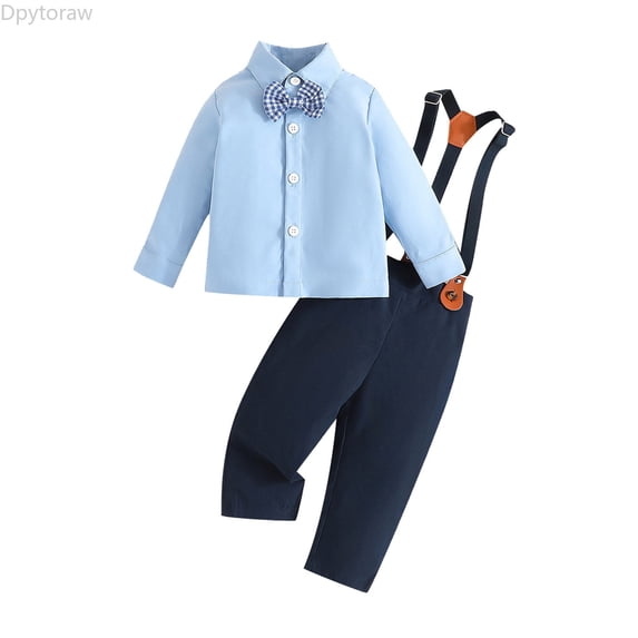 Dpytoraw Baby Boys Formal Outfit Set Newborn Bow Tie Long Sleeve Shirt Suspenders Pants Two Piece Suit Toddler Gentleman Clothes Boys 2 Piece Set Size 12-18 Months