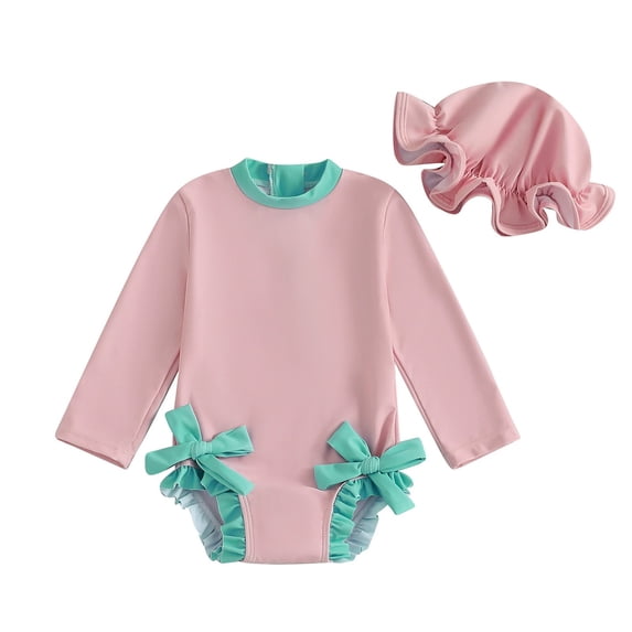 Dpytoraw Baby Girl Swimsuit Baby Girls Long Sleeve Swimsuit Romper With Hat Bathing Suit Beach Rash Guard Girls Swim Dress Size 6-12 Months