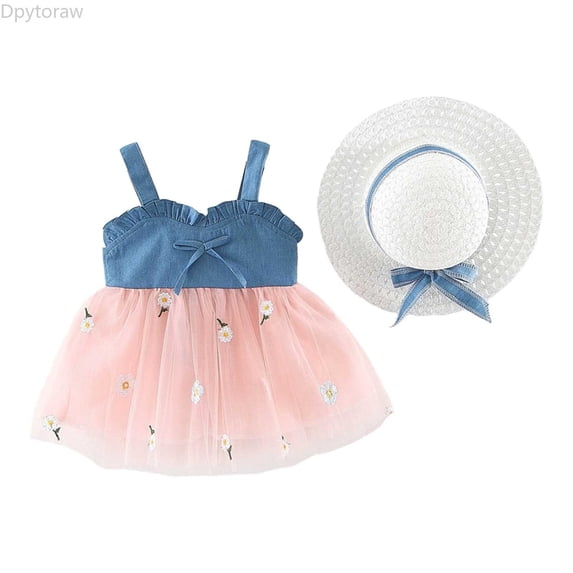 Dpytoraw Baby Girl Tutu Dress Summer Sleeveless Backless Birthday Party Dresses Flower Bow Sunress With Straw Hat Set Girls Summer Sleeveless Dresses,Pink Size 3-4 Years
