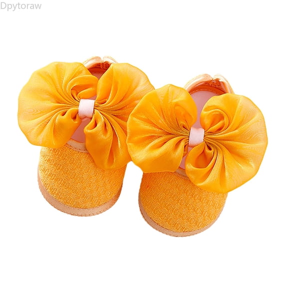 Dpytoraw Baby Girls Mary Jane Flats Bow Non-Slip Soft Sole Princess Toddler First Walkers Sneaker Wedding Dress Shoes Size Yellow 6-9 Months