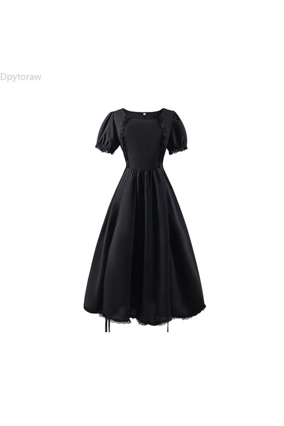 Big Girls Regency Dresses Ruffled Medieval Classical Puff Sleeve Empire Waist Dress Gown Girls Sundresses,Black Size 16-18 Years