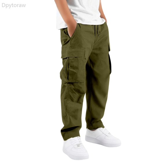 Dpytoraw Boys Cargo Pants Elastic Waist Drawstring Straight Leg Combat Pants 5-16 Years
