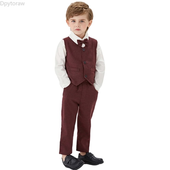Dpytoraw Boys Formal Suit Set Elegant Vest Bow Tie Long Sleeve Shirt And Pants Outfit For Toddler Kids Party Wedding Boys Outfits Size 2-3 Years