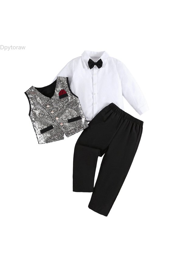 Boys Sequined Vest Set, Long Sleeve for Piano Recital Show Party Black Size 4-5 Years