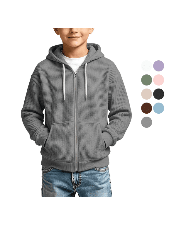 Boys Solid Waffle Knit Zip Up Hoodie with Hood String Cozy Kids Jacket for Fall Winter 18M-12Y
