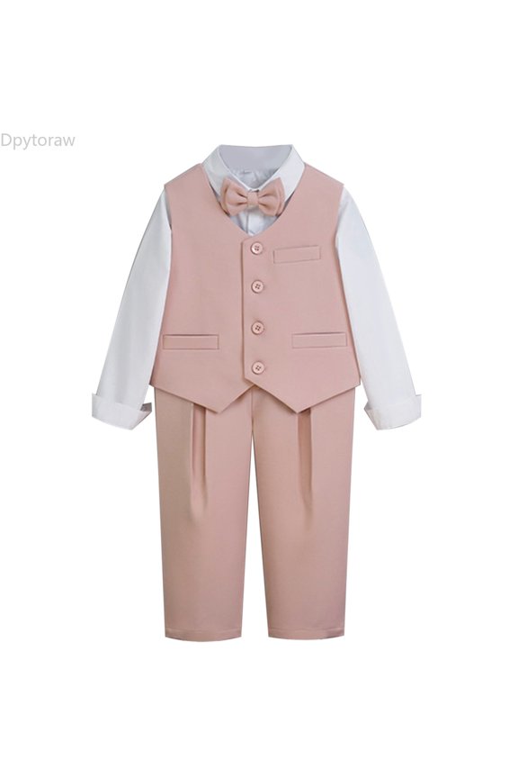 Boys Suit Set, Long Sleeve Jacket Shirt Pants Bow Tie for Speech Host Performance Pink Size 2-3 Years