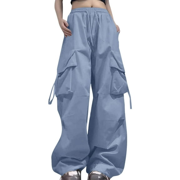Dpytoraw Cargo Pants Woman Relaxed Fit Baggy Clothes Black Pants High Waist Zipper Slim Drawstring Waist With Pockets Loose Plus Size Women's Casual Pants With Pockets Blue L