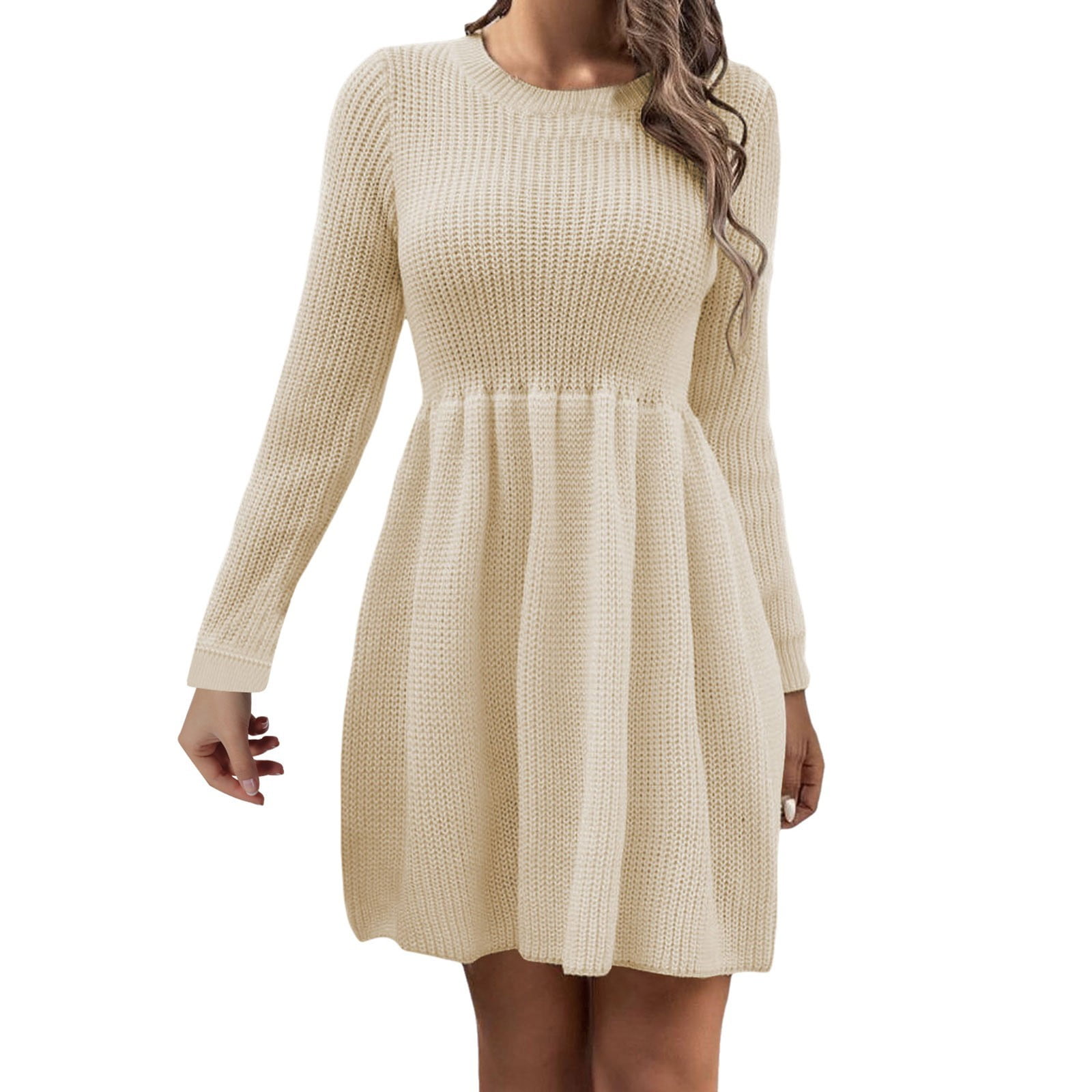 Fashion Solid Color Long-sleeved Slit Casual Knitted Sweater Dress