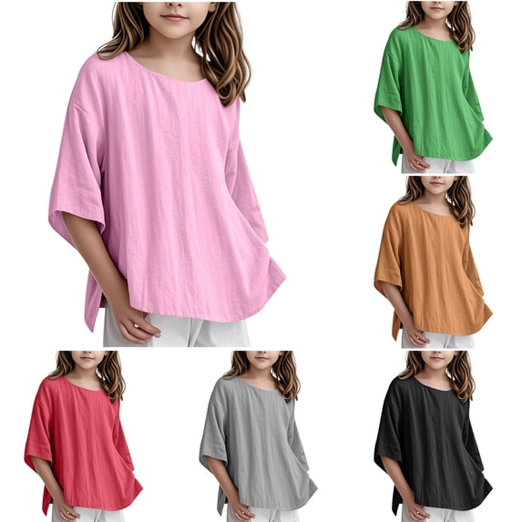 Dpytoraw Children Girls Linen 3/4 Sleeve Blouse,Crew Neck Casual Elegant Tops 3-15Y