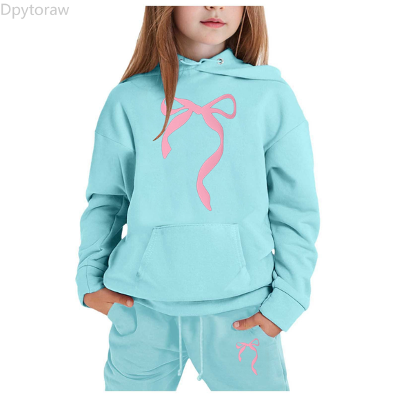 Dpytoraw Children's Hoodie Set With Bow Print Back to school outfits 2026 Size Blue 8-9 Years