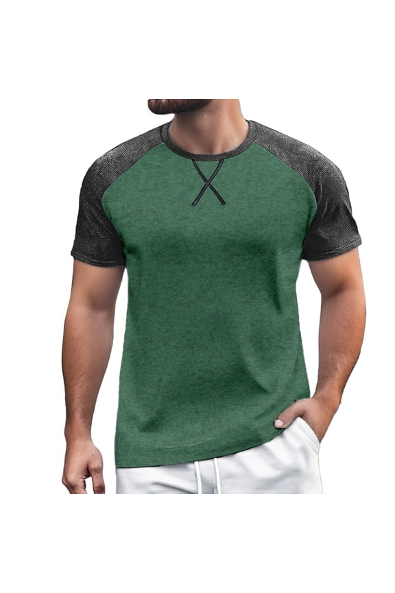 Color Blocked Fitness Base Shirt For Men Casual Loose Comfortable Trendy Sports Foreign Trade Business Round Neck Short Sleeved T Shirt Men’s Quick-Dry Performance T-Shirts for Gym Green L