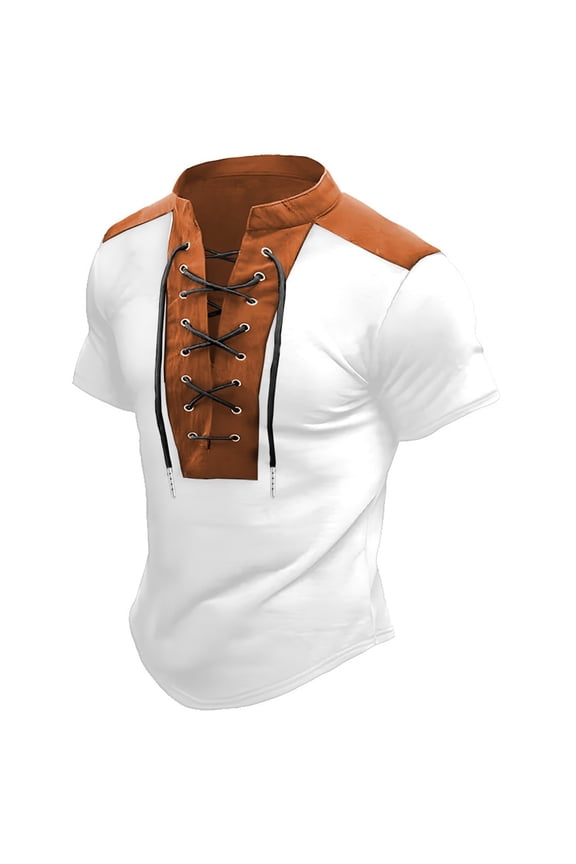 Color Blocked Stand Up Collar Drawstring Open Collar Design V Neck Shirt For Men Casual And Comfortable Short Sleeved T Shirt Men’s Oversized Streetwear T-Shirts Trendy Designs White XL