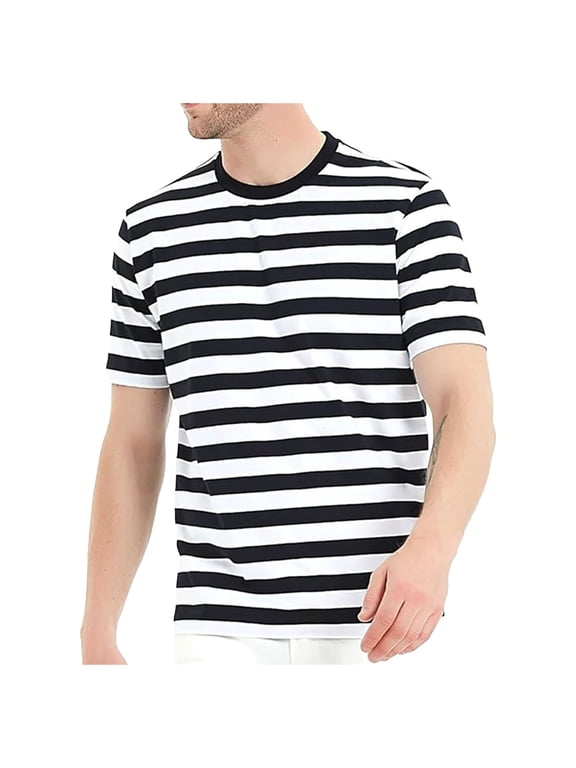 Color Blocked Striped Navy Striped Men Casual Loose Trendy Comfortable Foreign Trade Business Sports Round Neck Short Sleeved T Shirt Cotton T-Shirts Men Black XXXXXXL