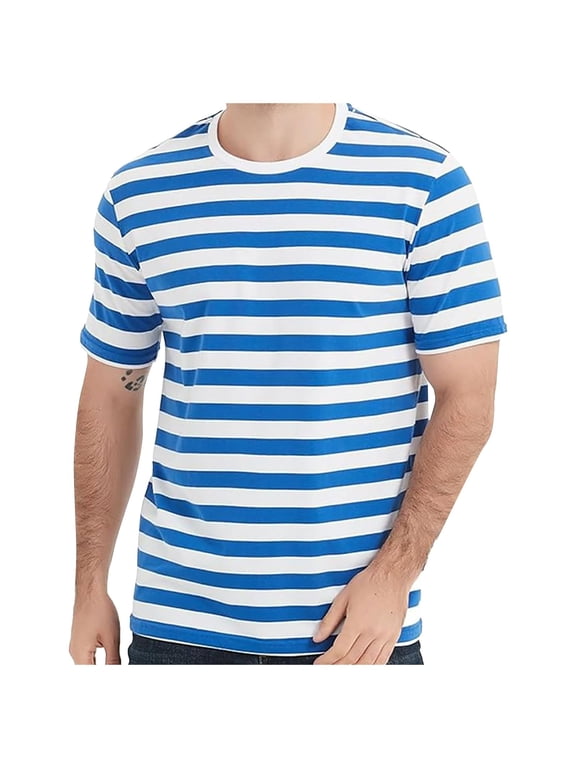 Color Blocked Striped Navy Striped Men Casual Loose Trendy Comfortable Foreign Trade Business Sports Round Neck Short Sleeved T Shirt Cotton T-Shirts Men Light Blue XXXXXXL