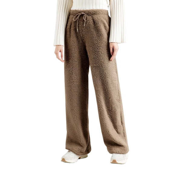 Dpytoraw Cozy Women's Casual Pants Fall Winter Solid Color Loose Trousers Soft Warm Velvet Joggers Wide Leg Casual Pants Coffee S