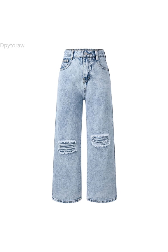 Distressed Snowflake Wash Wide Leg Jeans for Teen Girls, Comfortable Stretch Denim Trousers with Ripped Details and Flared Fit Blue Size 8-9 Years