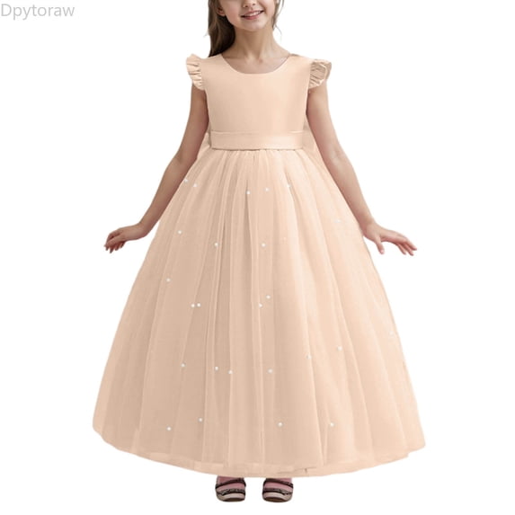 Dpytoraw Elegant Long Girls Formal Dress With Bow And Beaded For Birthday Party Pageant Gown Girls Tulle Dresses Size 9-10 Years