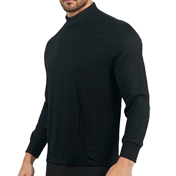 Dpytoraw Fashionable Men's Casual Knitted Half Height Collar Water Ripple Solid Color Long Sleeved T Shirt Oversized T-Shirts Men Black M