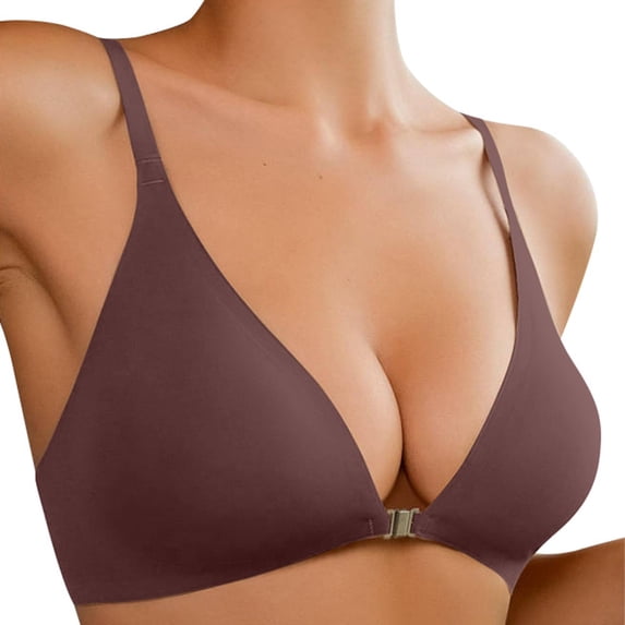 Dpytoraw Front Closure Bras For Women No Underwire Low Cut Deep V Padded Bralette Seamless Comfy Bras With Support Brown