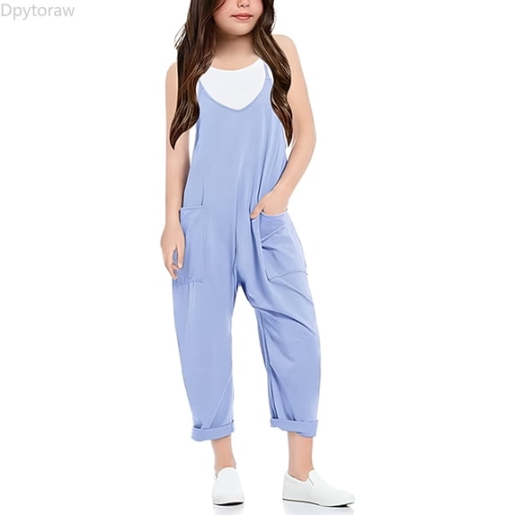 Dpytoraw Girl's Casual Sleeveless Jumpsuits Spaghetti Straps Long Overalls With Pockets Size 9-10 Years