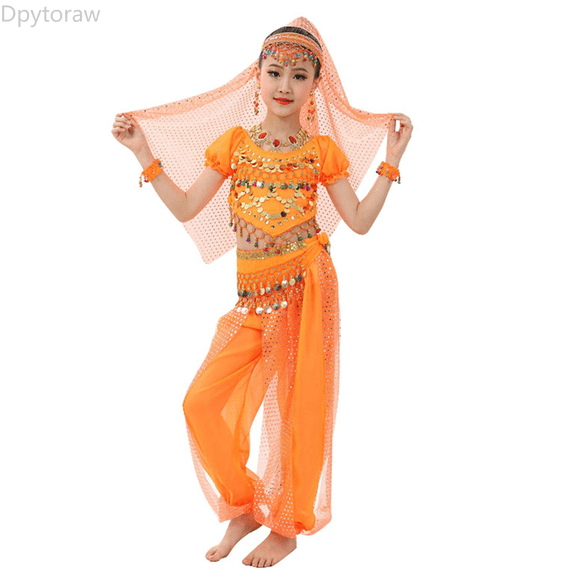 Dpytoraw Girl's Indian Classic Cute Dance Children's Dance Show Belly Dance Sequin Mesh Set Sequined Dance Outfits Size Orange 3-4 Years