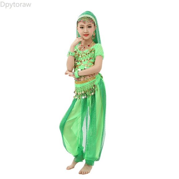 Dpytoraw Girl's Indian Classic Cute Dance Children's Dance Show Belly Dance Sequin Mesh Set Sequined Dance Outfits Size Green 3-4 Years