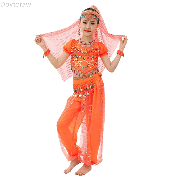 Dpytoraw Girl's Indian Cute Personality Dance Children's Dance Show Belly Dance Sequin Mesh Set Sequined Dance Outfits Size Orange 3-4 Years