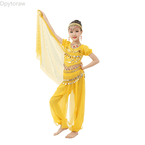 Dpytoraw Girl's Indian Classic Cute Dance Children's Dance Show Belly Dance Sequin Mesh Set Sequined Dance Outfits Size Yellow 7-8 Years