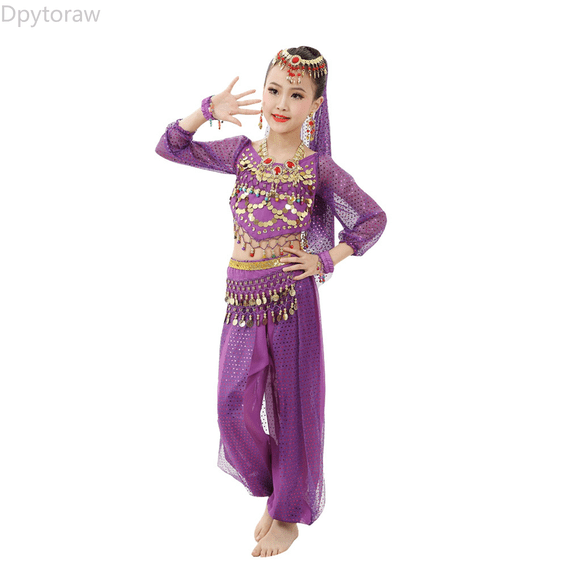 Dpytoraw Girl's Indian Dance Children's Personality Dance Show Belly Dance Sequin Mesh Set Carnival Performance Wear Size Purple 5-6 Years