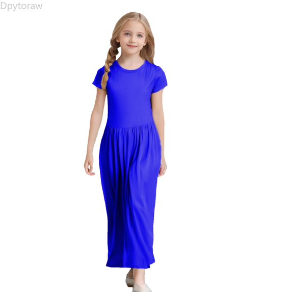 Dpytoraw Girl's Short Sleeve Solid Color Loose Casual Long Maxi Dress With Pockets Girls Casual Summer Dresses,Blue Size 2-3 Years